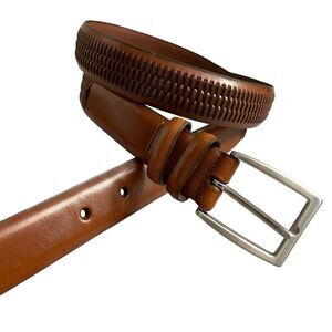 Crookhorn Leather Belt 38 Brown Mens Basketweave Dress Silver Buckle 1.25"